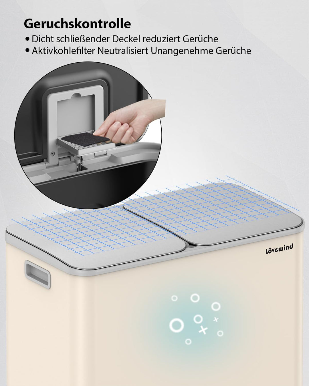lovewind Mülleimer, 2 x 40L Mülleimer Küche,Doppeleimer für Recycling und Abfall,Soft Beige,Mülleime