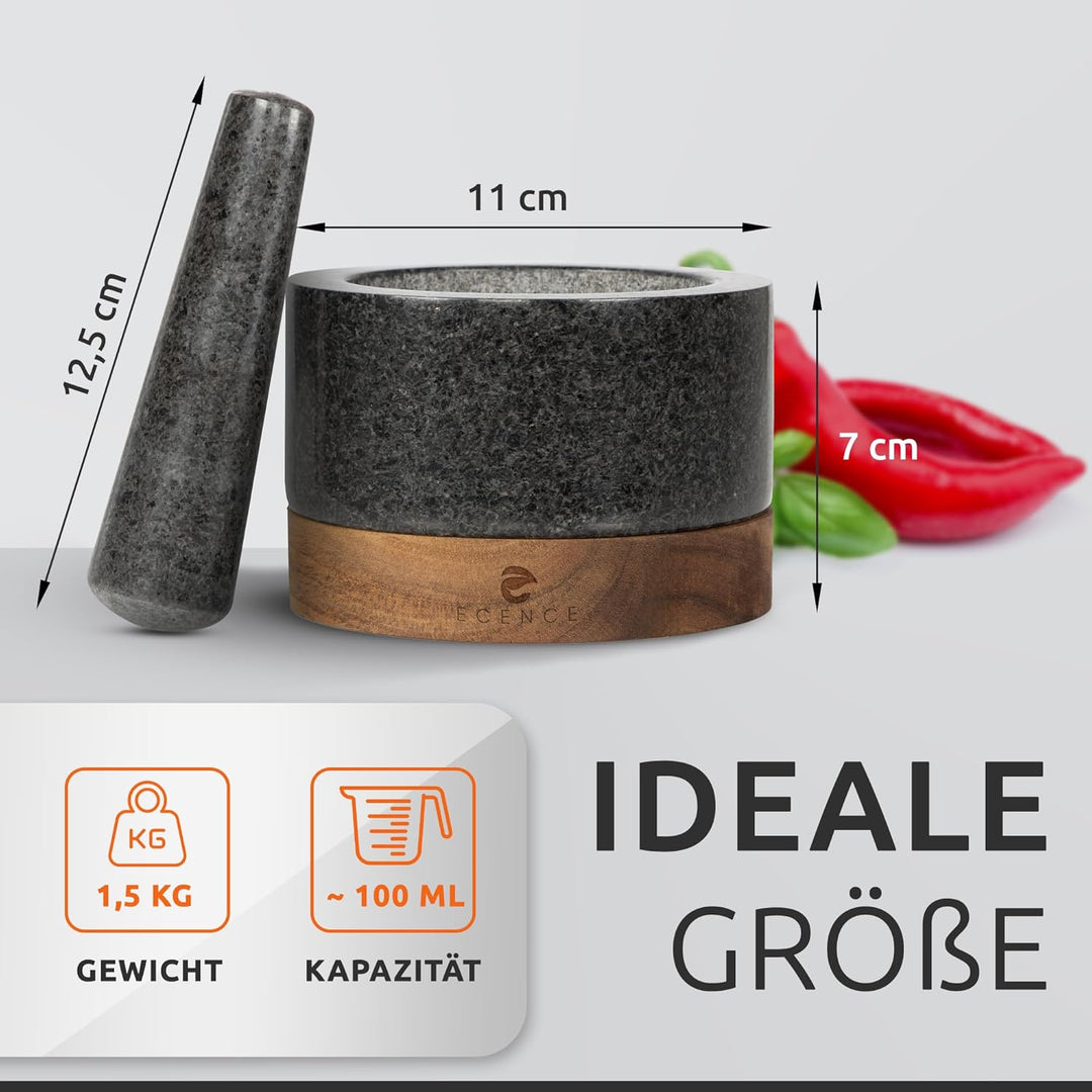 ECENCE Mörser mit Stössel Set aus Granit & Holz Ø11cm Küchenmörser Gewürzmörser massiv für perfektes