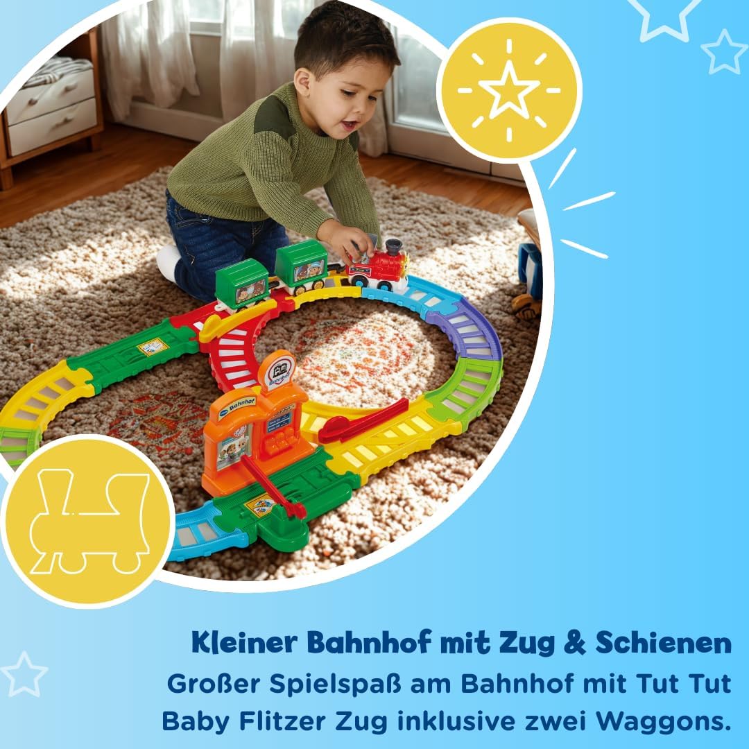 VTech TUT TUT Baby Flitzer Kleiner Bahnhof – Interaktives Spielset mit Zug, Schranke, Weichen & Magi