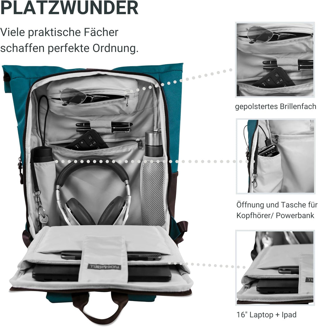 FUCHS & REBELL® Rolltop Rucksack PIET - Durchdacht & Nachhaltig - mit Laptopfach & Anti Diebstahl Ta