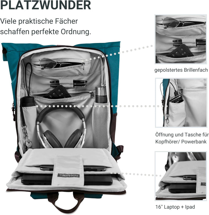 FUCHS & REBELL® Rolltop Rucksack PIET - Durchdacht & Nachhaltig - mit Laptopfach & Anti Diebstahl Ta