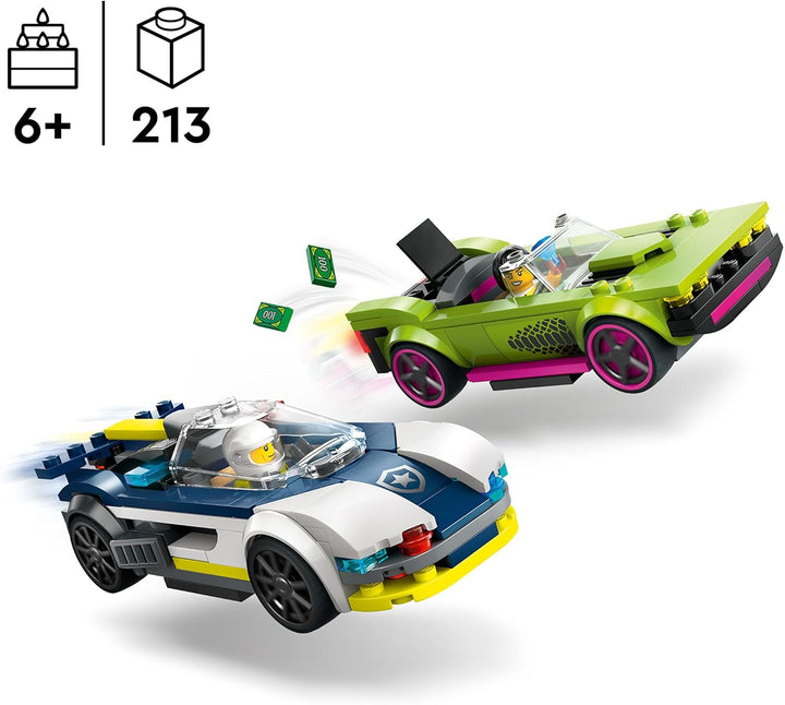 LEGO City Verfolgungsjagd mit Polizeiauto und Muscle Car, Auto-Spielezug mit 2 Rennautos, Polizei-Ge