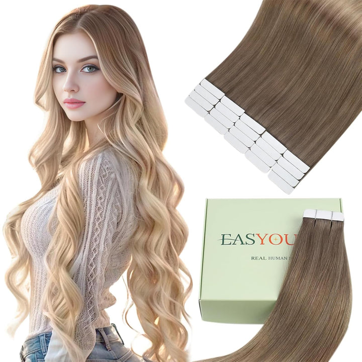 Easyouth Tape in Extensions Echthaar Glue in Haar Extensions Echthaar Farbe Ash Brown Mix Platinum B