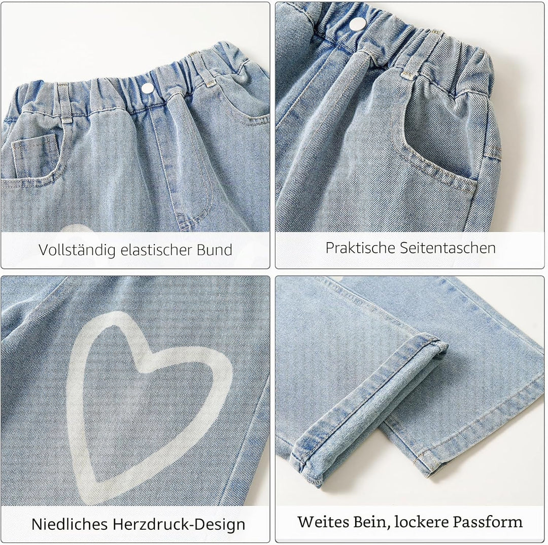 Rolanko Mädchen Jean Hosen Loch Denim Blau Jeans, Vintage Hose mit weitem Bein für Kinder Fit 10-11