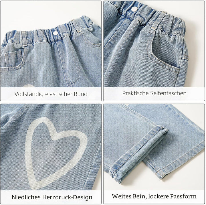 Rolanko Mädchen Jean Hosen Loch Denim Blau Jeans, Vintage Hose mit weitem Bein für Kinder Fit 10-11