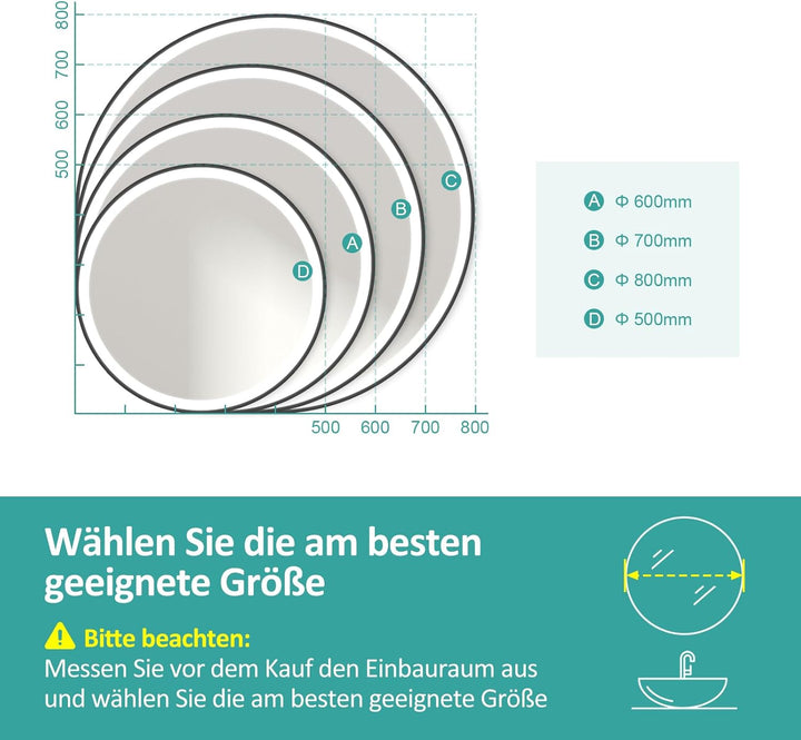 EMKE Badspiegel Rund Schwarz 50 cm, Badspiegel mit Beleuchtung und Touchschalter, 3 dimmbare Lichtfa