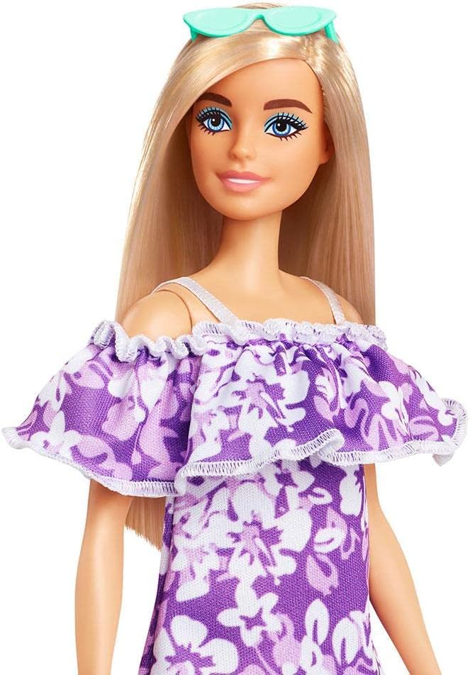 Barbie GRB36 - Loves The Ocean Puppe im lila Blumenkleid (29,21 cm gross, blond), aus recyceltem Kun