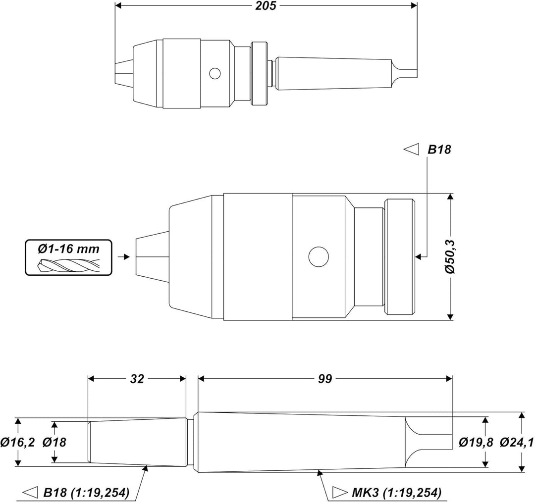 Schnellspannbohrfutter Bohrfutter 1-16 mm Konus B18 mit Kegeldorn MK3