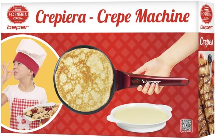 Beper BT.710Y Electric Crepe Red and Black, 800W Elektrische Crêpe-Maker mit Griff, Elektrische Crêp