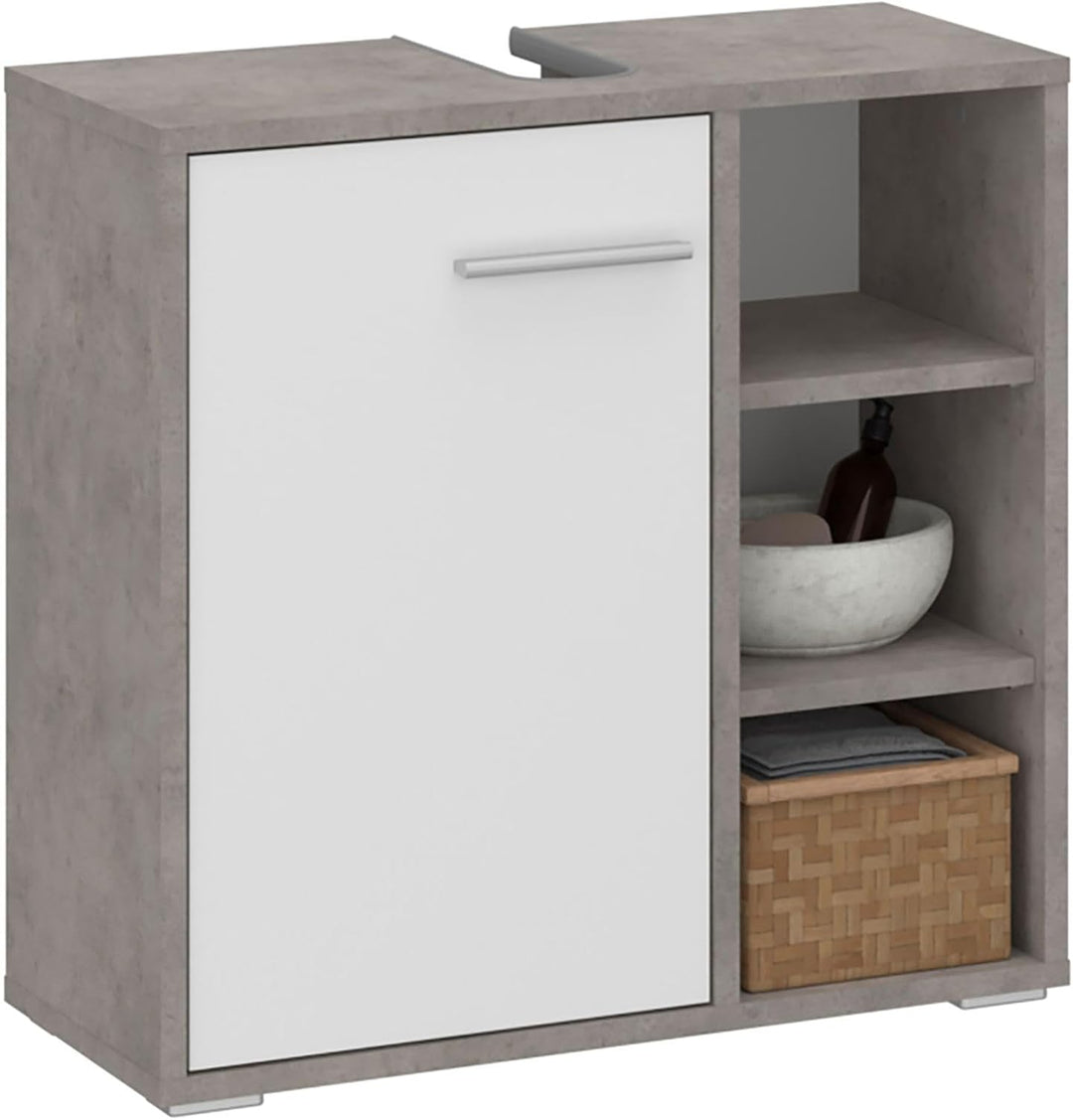 Waschbeckenunterschrank ORNA Betonoptik/weiss mit 1 Tür und 3 offenen Fächern, Waschbeckenschrank au