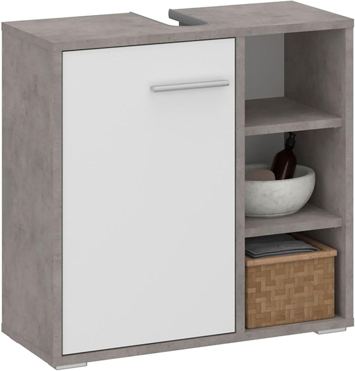 Waschbeckenunterschrank ORNA Betonoptik/weiss mit 1 Tür und 3 offenen Fächern, Waschbeckenschrank au