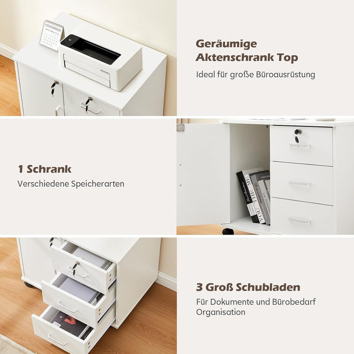 TUKAILAI Rollcontainer Aktenschrank aus Holz, Abschliessbar Büroschrank mit 3 Schubladen und Tür, Mo