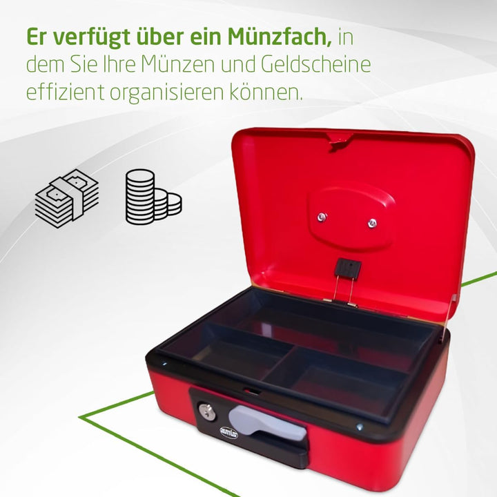 Amig - Sicherheits Geldkassette aus Stahl | Mit Münzschale und Schlüssel | Automatischer Griff | Kom