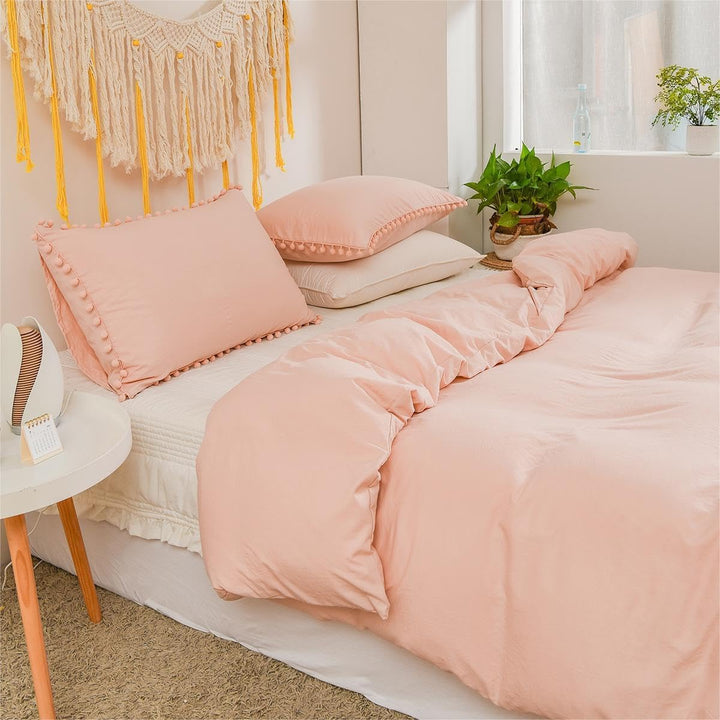Freyamy Böhmen Bettwäsche 135x200cm 2teilig Hellrosa Rosa Pom Pom Boho Chic Bettwäsche Gewaschene Mi