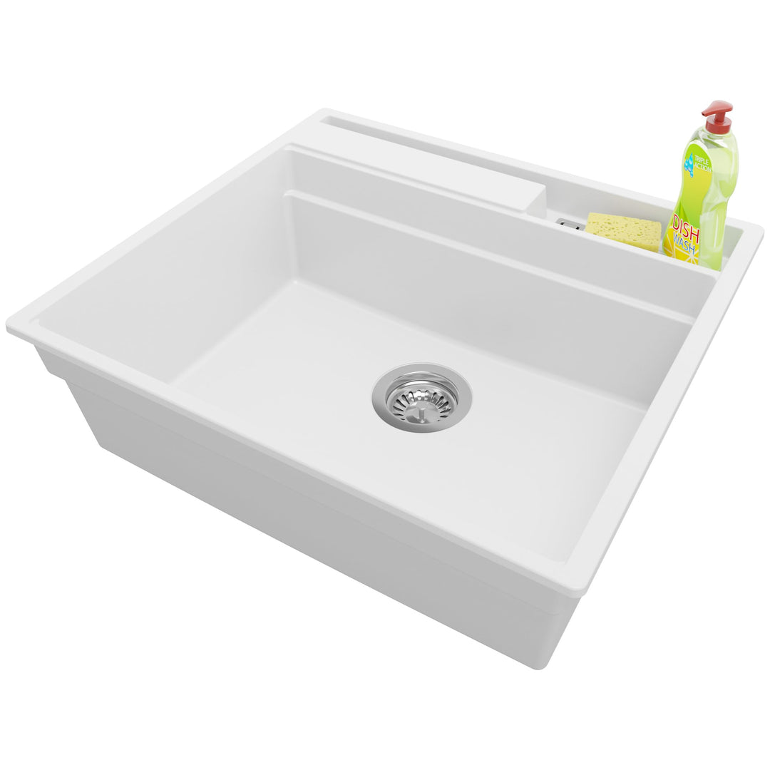 PRIMAGRAN Spülbecken Weiss 58x53cm, Granitspüle 1 Becken + Ablauf-Set, Küchenspüle ab 60er Unterschr