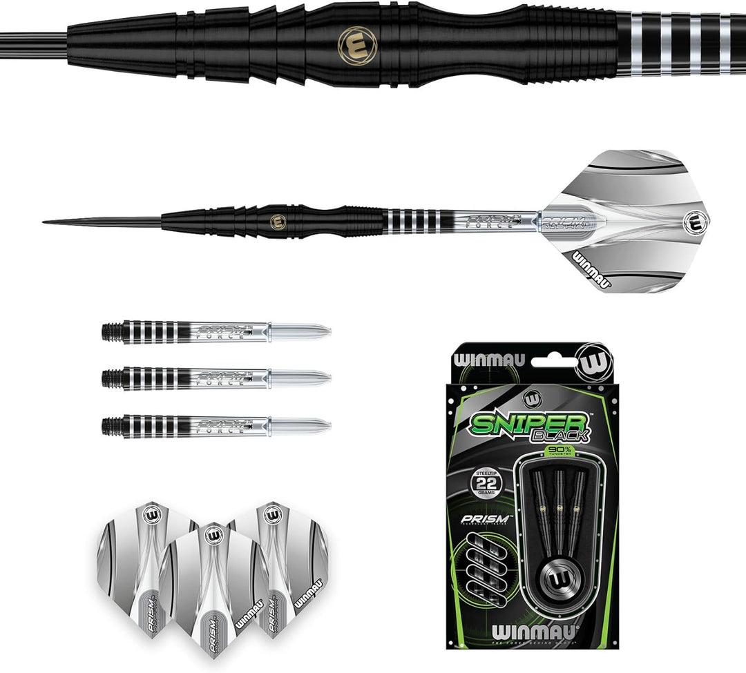 WINMAU Sniper Black Professionelles Wolfram-Dart-Set mit Flights und Schäften (Shafts) 22.0 Gramm, 2