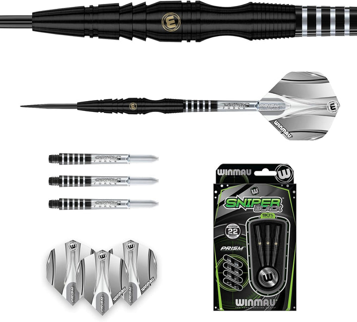 WINMAU Sniper Black Professionelles Wolfram-Dart-Set mit Flights und Schäften (Shafts) 22.0 Gramm, 2