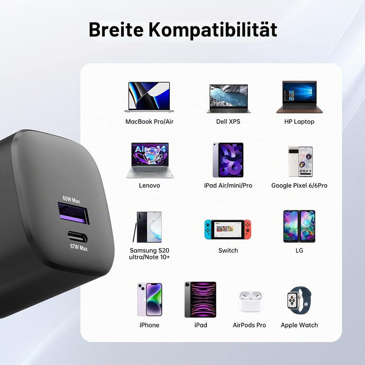 NOVOO 67 W USB-C-Ladegerät mit 2 Anschlüssen, GaN Ladegerät, schnelles Kompakt, faltbar, für Reise,