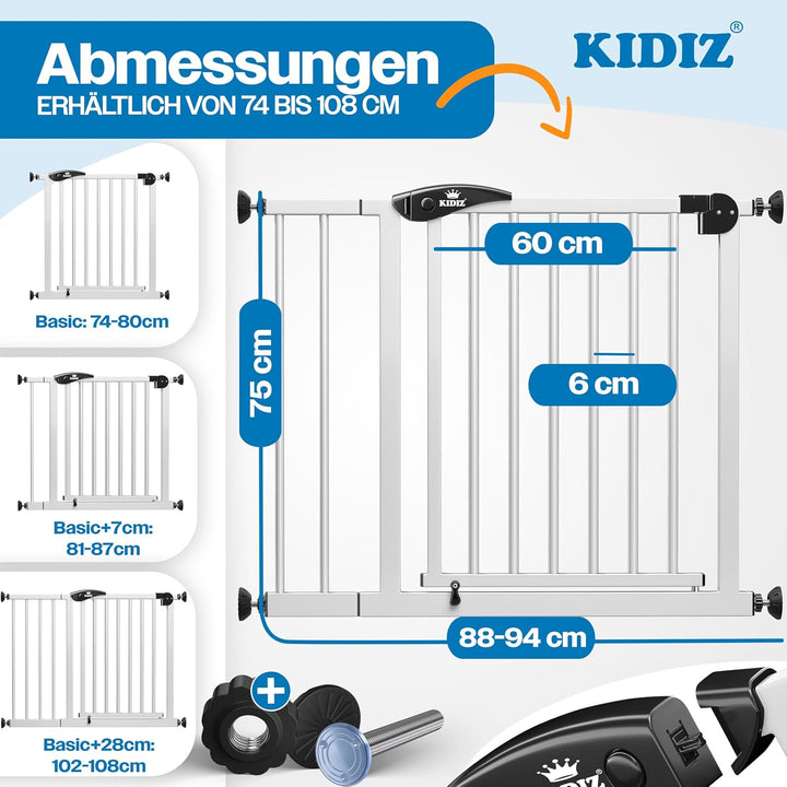 KIDIZ Treppenschutzgitter ohne Bohren | Verstellbare Breite: 88-94 cm, 75 cm hoch, Türschutzgitter u