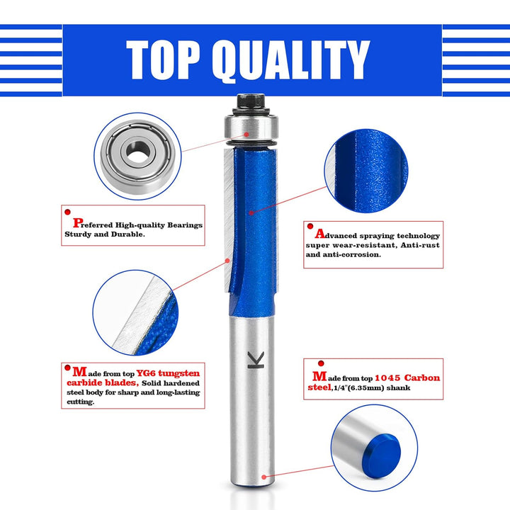 NICAVKIT 4 Stück Bündigfräser 8mm Schaft,Blauer Bündigfräser Fräser Set, Doppelseitiger Fräser mit L