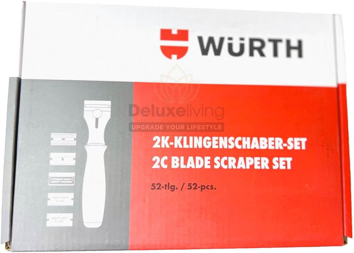 Wuerth 2K Klingenschaber Set 52-teilig zum Entfernen von Etiketten, Aufklebern, Kleberresten auf Gla