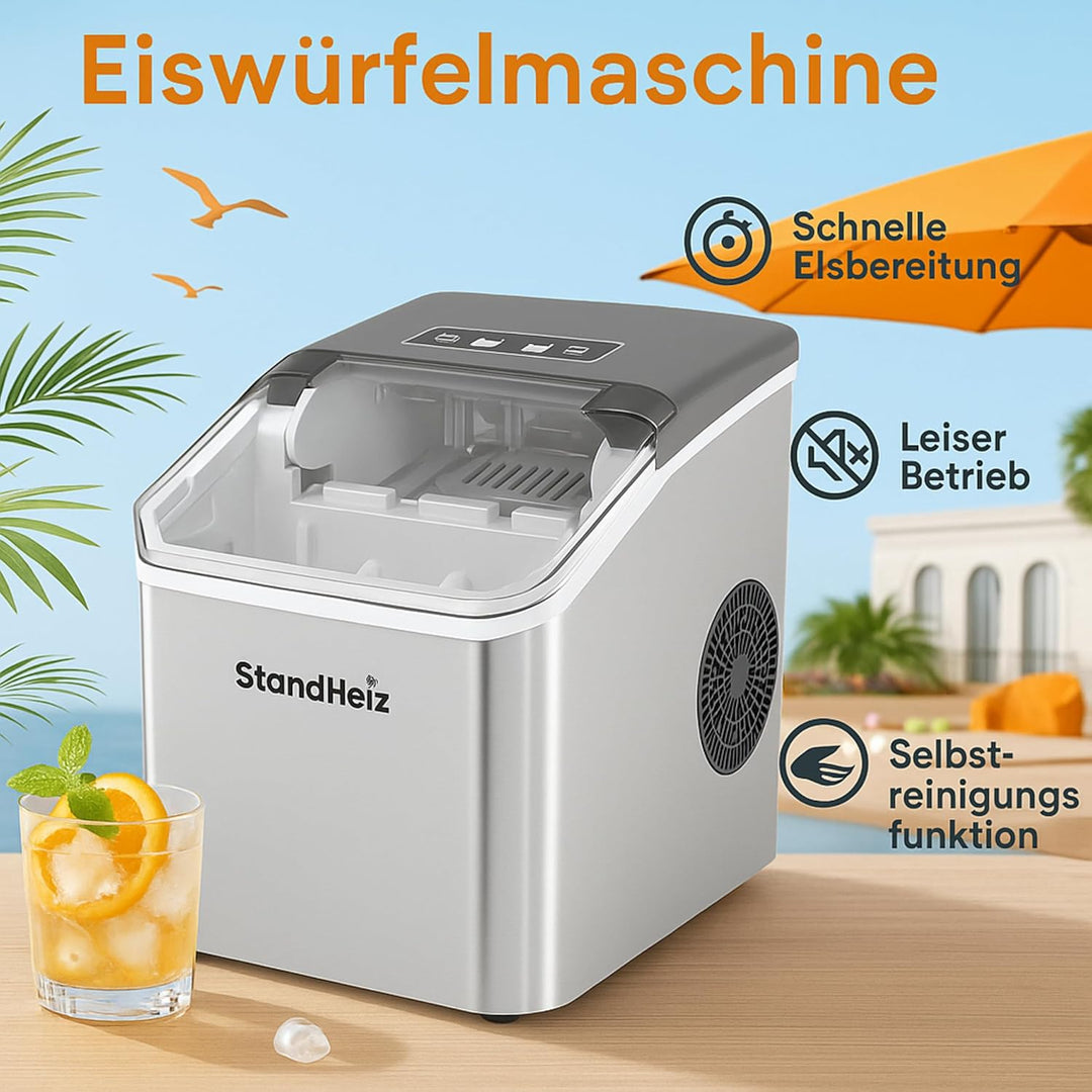 Eiswürfelmaschine Silber 12 kg / 24 h – Selbstreinigender Ice Maker mit 2 Grössen grosse Eiswürfel,