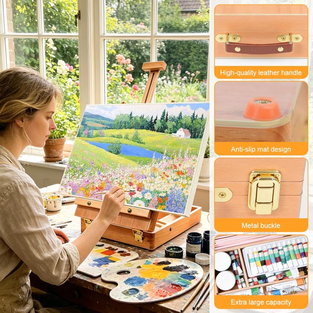 Tischstaffelei Holz, Desktop-Staffelei zum Malen aus Buchenholz, Premium-Holz-Sketchbox-Staffelei
