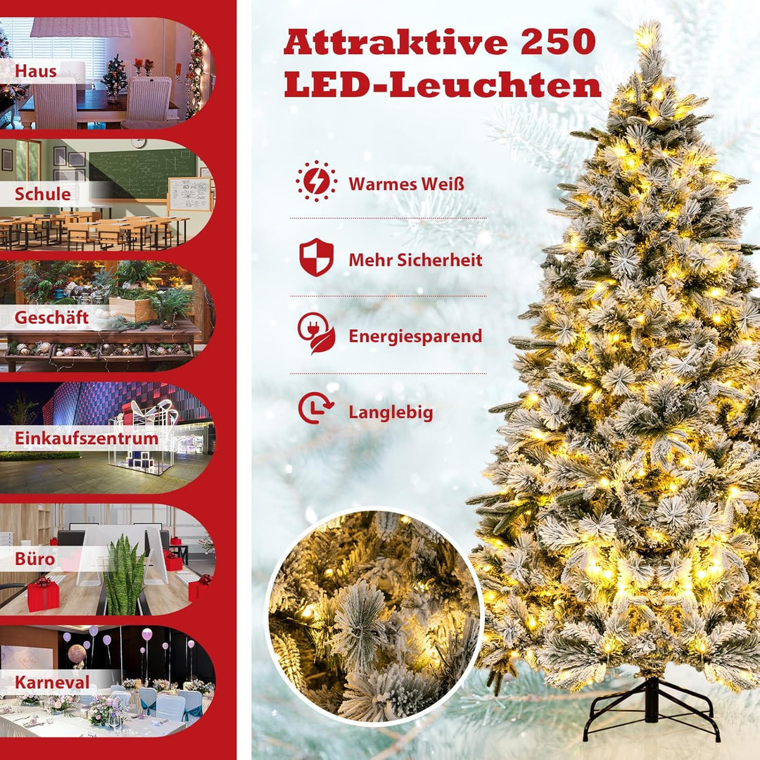 COSTWAY 180 cm Künstlicher Weihnachtsbaum mit Schnee und Beleuchtung, Tannenbaum mit 250 Warmweissen
