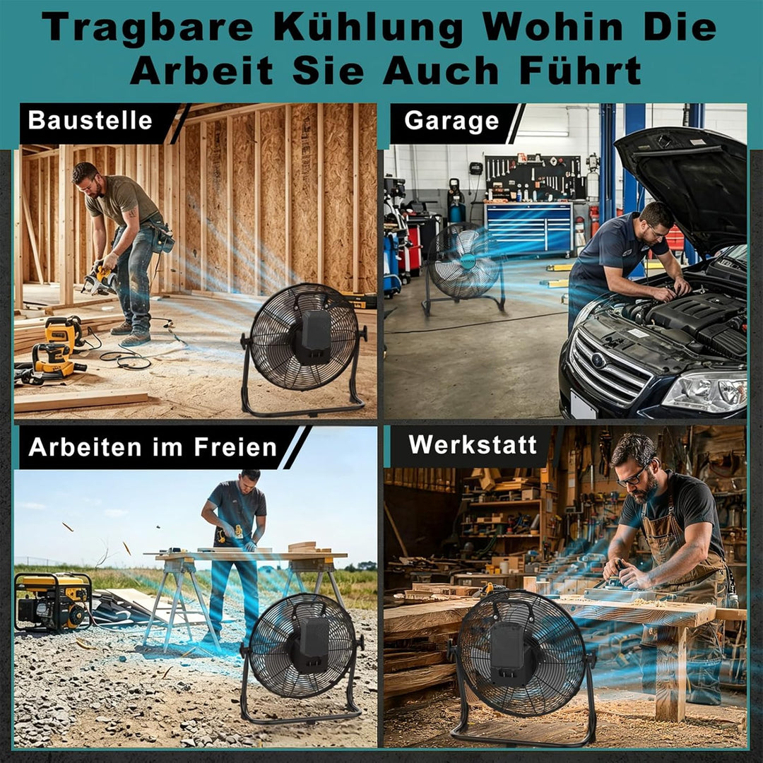 Bodenventilator 30 cm, Ventilator mit Typ C und USB-Aufladung für Adapter und Makita (Kein Akku), 15