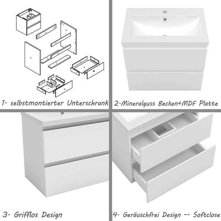 Aica Sanitär Waschtisch mit Unterschrank 60 cm Badmöbel Set mit Waschbecken Mineralguss Gäste WC Wei