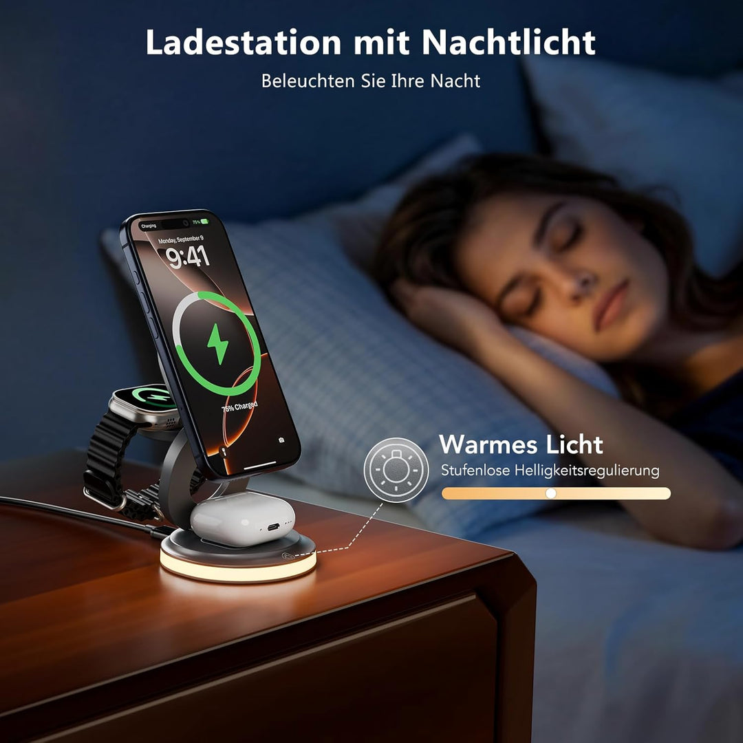 3-in-1 Ladestation Apple Watch und iPhone, 15W Ladegerät für Magsafe mit Nachtlicht Kompatibel mit i