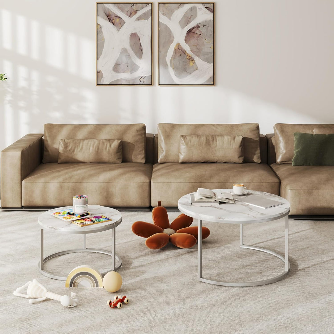 Couchtisch Marmor Optik, Runder Wohnzimmertisch, Weiss Couchtisch Silber, Satztische fürs Wohnzimmer
