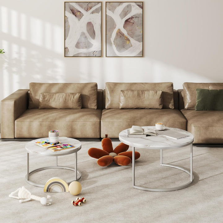 Couchtisch Marmor Optik, Runder Wohnzimmertisch, Weiss Couchtisch Silber, Satztische fürs Wohnzimmer