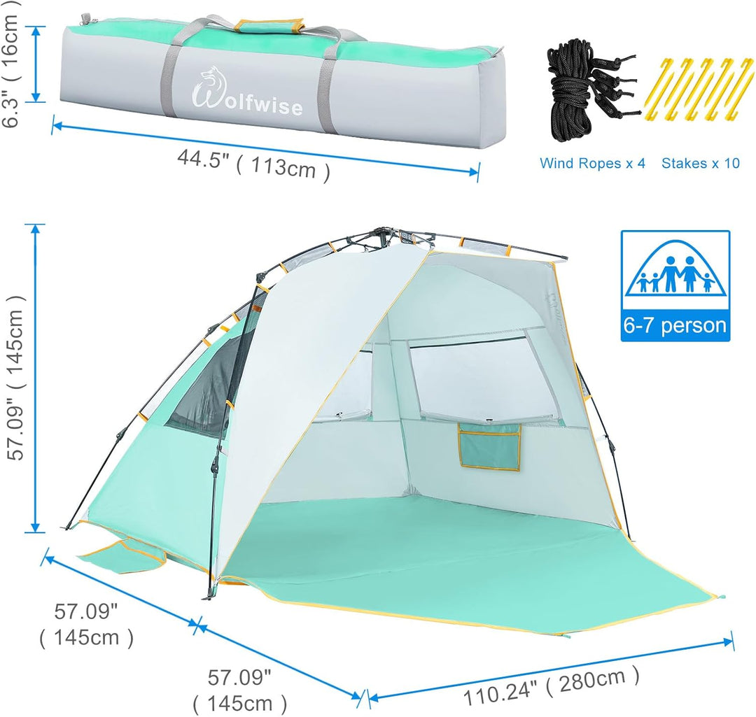Wolfwise Strandmuschel mit Schnellaufbau für 6-7 Personen – UV-Schutz 50+, Wasserabweisend, Privater