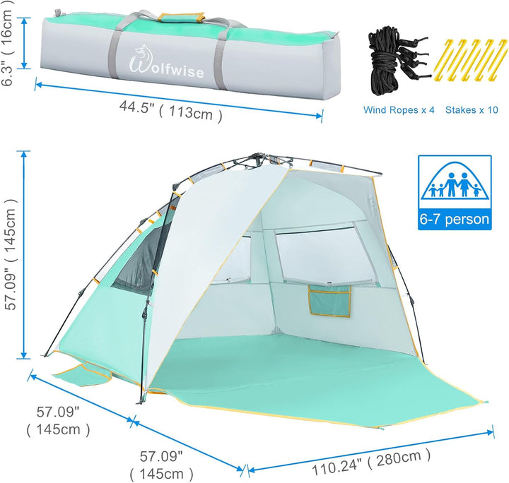 Wolfwise Strandmuschel mit Schnellaufbau für 6-7 Personen – UV-Schutz 50+, Wasserabweisend, Privater