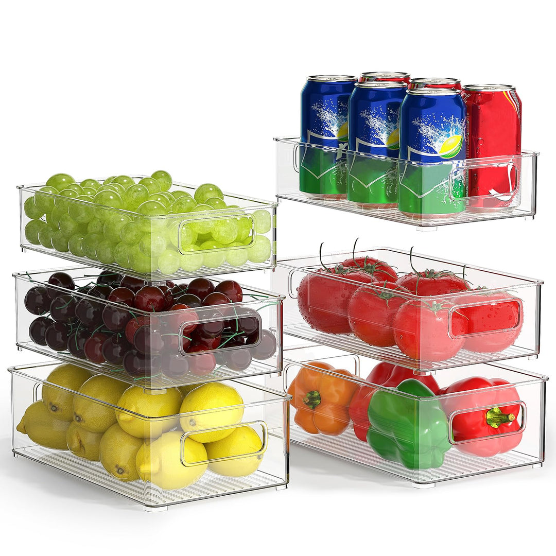 FINEW Kühlschrank Organizer 6er Set (3 Grössen), Stapelbare Speisekammer Vorratsbehälter, Durchsicht