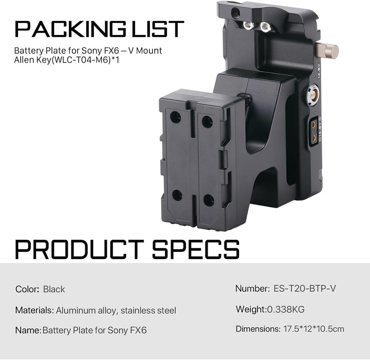 Tilta Batterieplatte kompatibel mit Sony FX6 V-Mount Adapter ES-T20-BTP-V Battery Plate, Battery Pla
