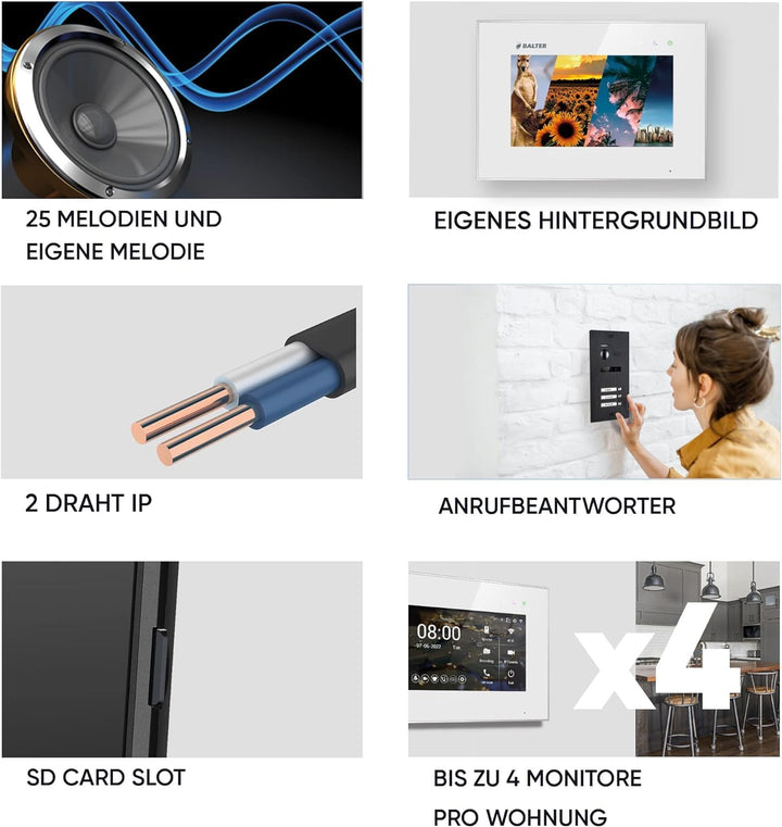 Balter EVO-HD Video Türsprechanlage, Video Türklingel mit Kamera, 4 familienhaus Klingel, 7 Zoll HD