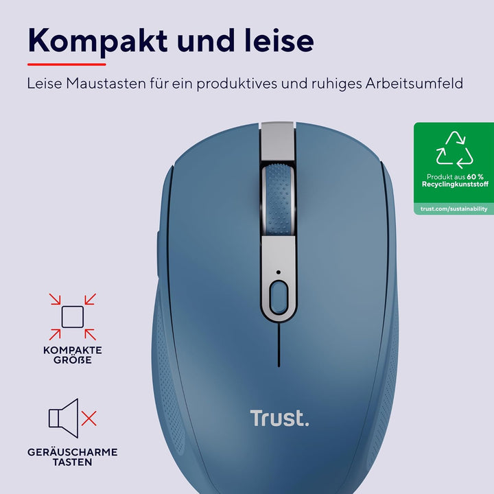 Trust Ozaa Leise Kabellose Maus Bluetooth + 2.4GHz, Kompakte Mehrgeräte Funkmaus, 60% Recyclingkunst