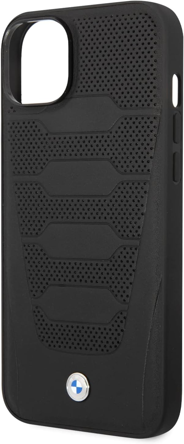 CG MOBILE BMW Phone Case for iPhone 14 Signature Collection in Black Perforated Seats, Real Leather
