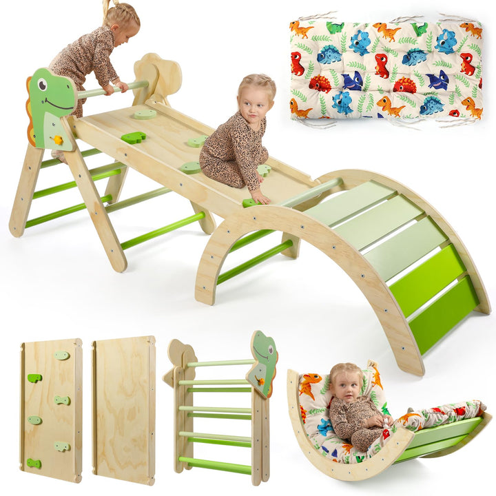 7-in-1 Montessori Kletterdreieck Set mit Rutsche, Kletterbogen & weichem Kissen – Holz Klettergerüst