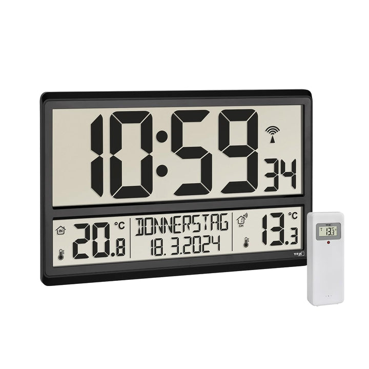 TFA Dostmann Digitale XL Wanduhr, 60.4521.01, mit Aussentemperatur, Innentemperatur, Wochentag (8 Sp