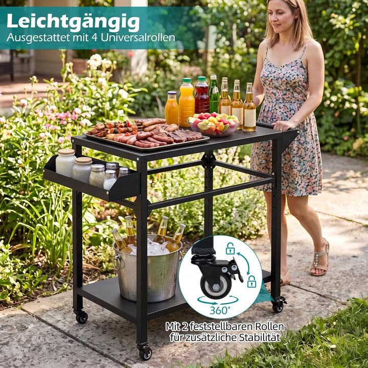 COSTWAY Grillwagen Outdoor, Grilltisch auf Rollen, Pizzatisch mit 2 Ablagen, Griff & Gewürzregal, Se