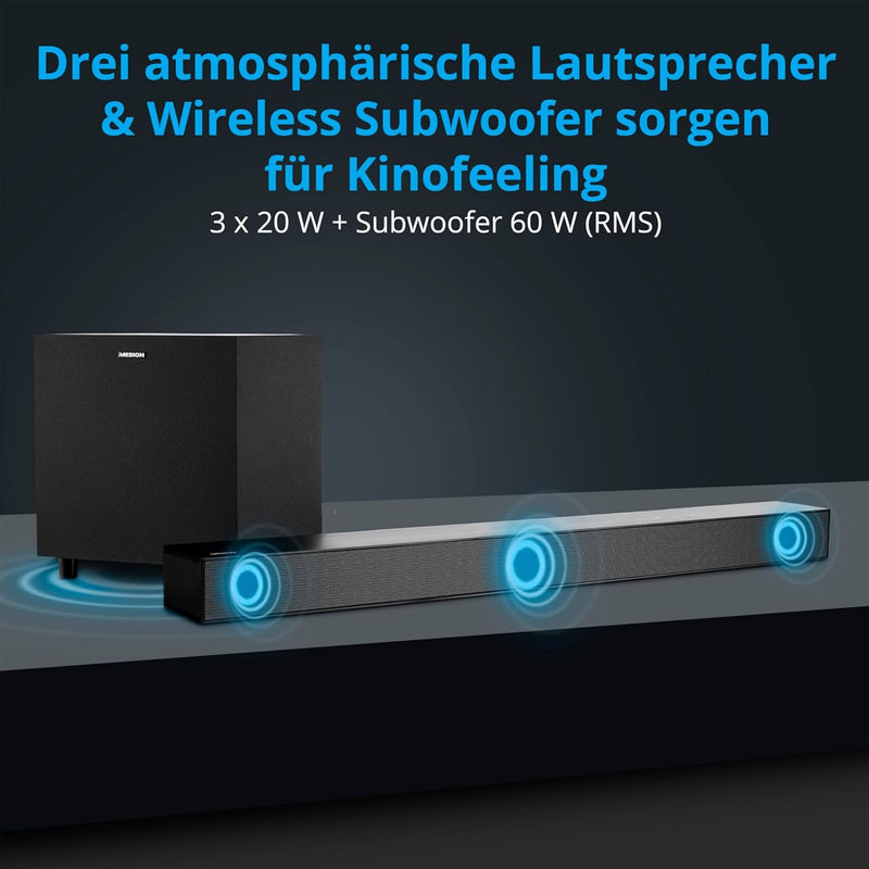 MEDION S61022 3.1 Dolby Atmos Soundbar mit kabellosen Subwoofer (für TV Geräte, Bluetooth 5.3, HDMI