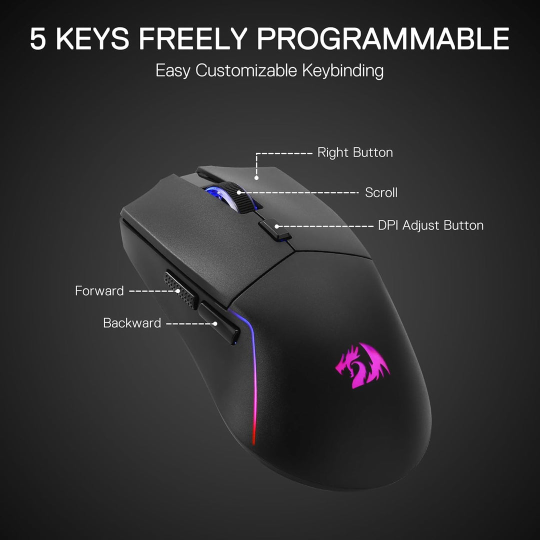 Redragon M730 Wireless Gaming Maus, 10000 DPI, 3-Verbindungsmodi, BT & 2.4G Wireless, 6 Makrotasten,