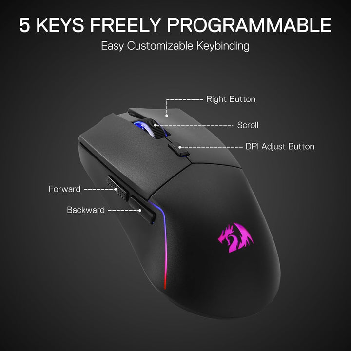 Redragon M730 Wireless Gaming Maus, 10000 DPI, 3-Verbindungsmodi, BT & 2.4G Wireless, 6 Makrotasten,