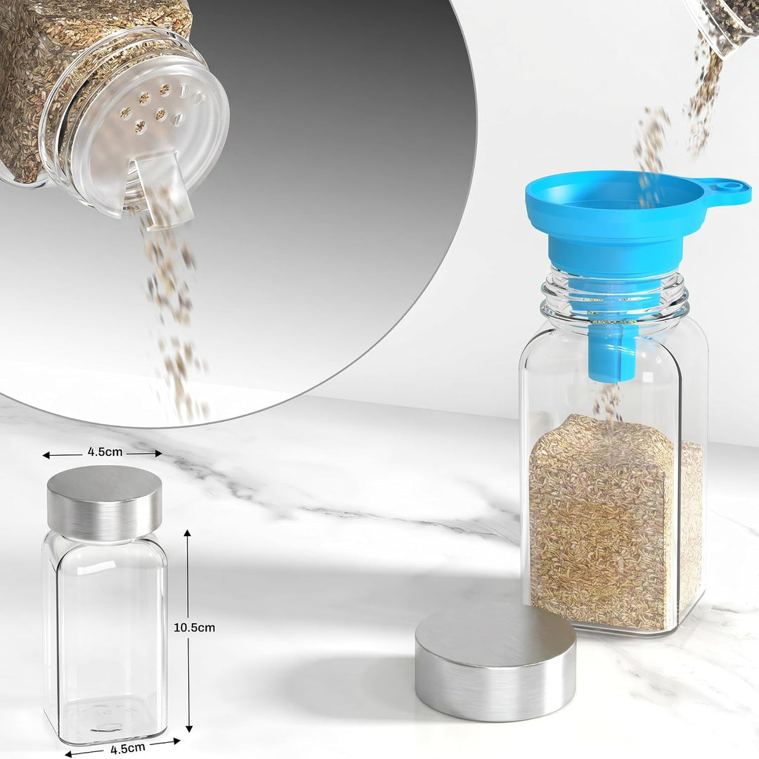 24er Gewürzgläser Set mit Edelstahldeckel – Eckige Gewürzdosen (120ml) | Gewürz Organizer mit Streue
