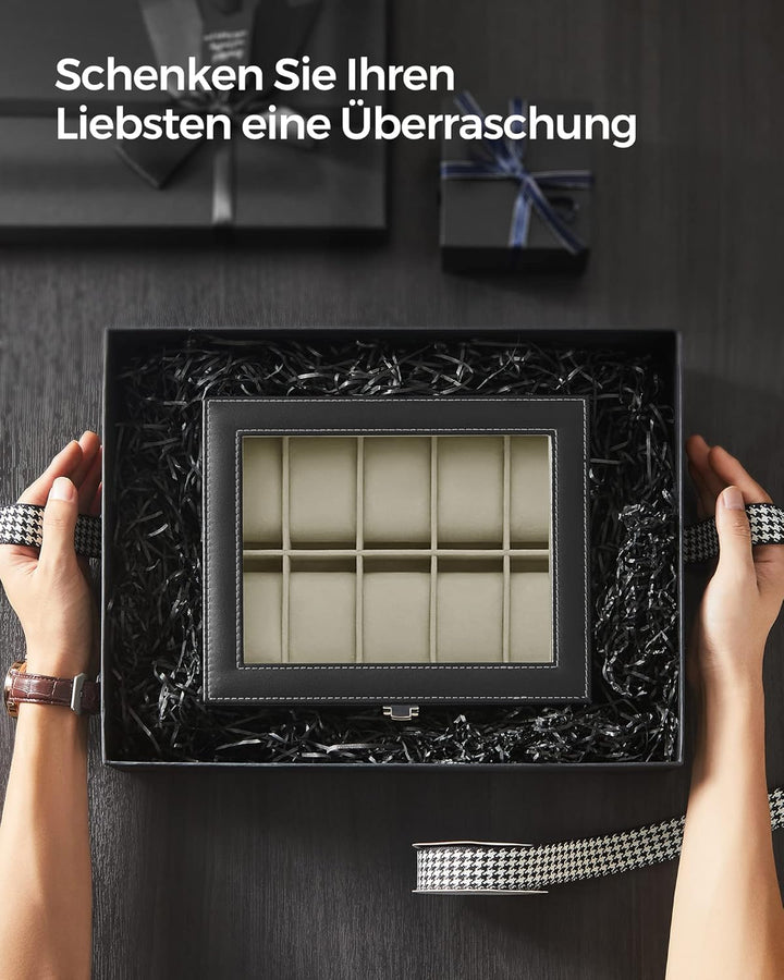 SONGMICS Uhrenbox mit 10 Fächern, Uhrenkasten, Glasdeckel, Uhrenkoffer, herausnehmbare Uhrenkissen,