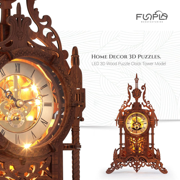 FUNPOLA 3D Puzzle Erwachsene LED Turm Uhr, 3D Holzpuzzle Erwachsene Gebäudemodell, 3D Puzzle Holzbau