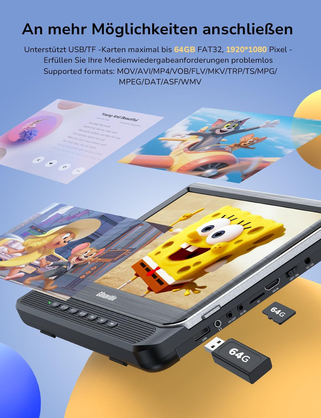 12" DVD Player Auto 2 Bildschirme mit 1080P HDMI-Eingang, Tragbarer Fernseher Kopfstütze 2 Monitore